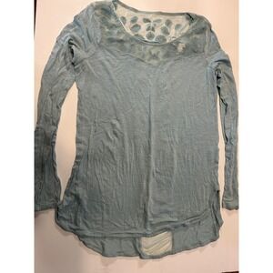 Lauren Conrad Top Womens XS Blue Long Sleeve Mesh Floral Embroidered Slub Knit